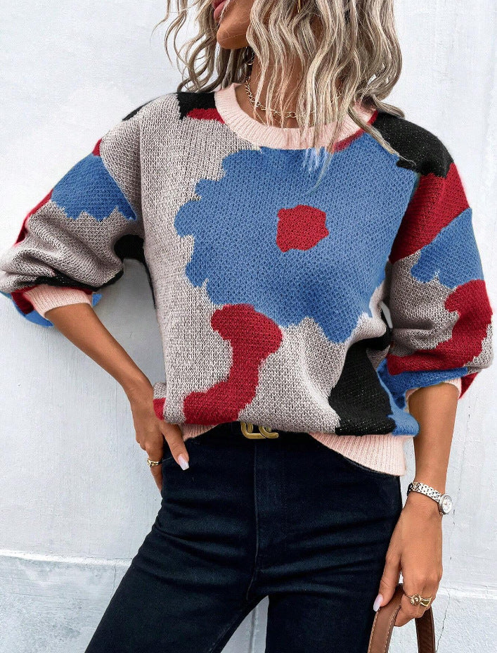 Damen modischer Pullover mit floralem Muster und weiten Ärmeln WW