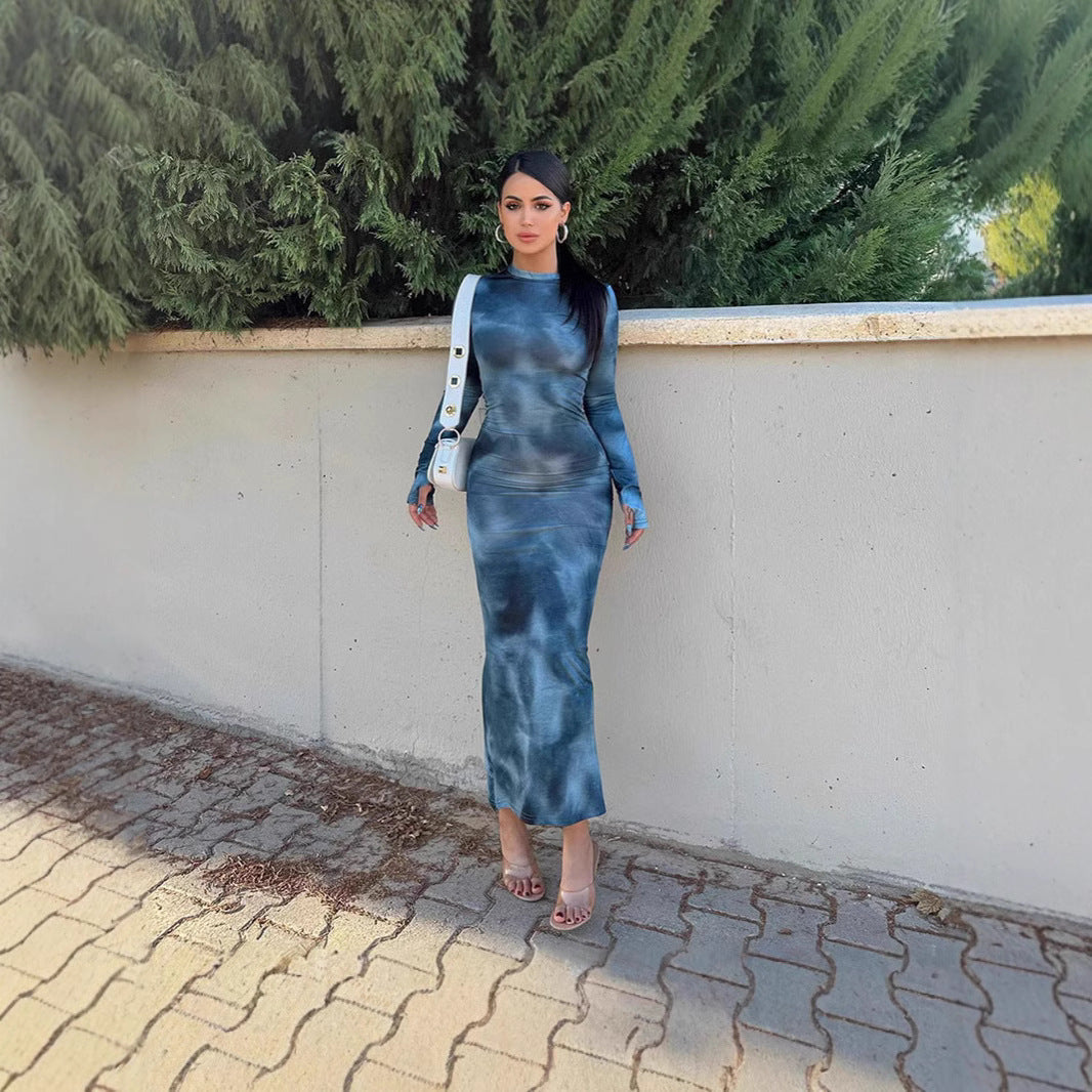 Damen Maxi-Kleid mit langen Ärmeln und modischem Batikmuster WW