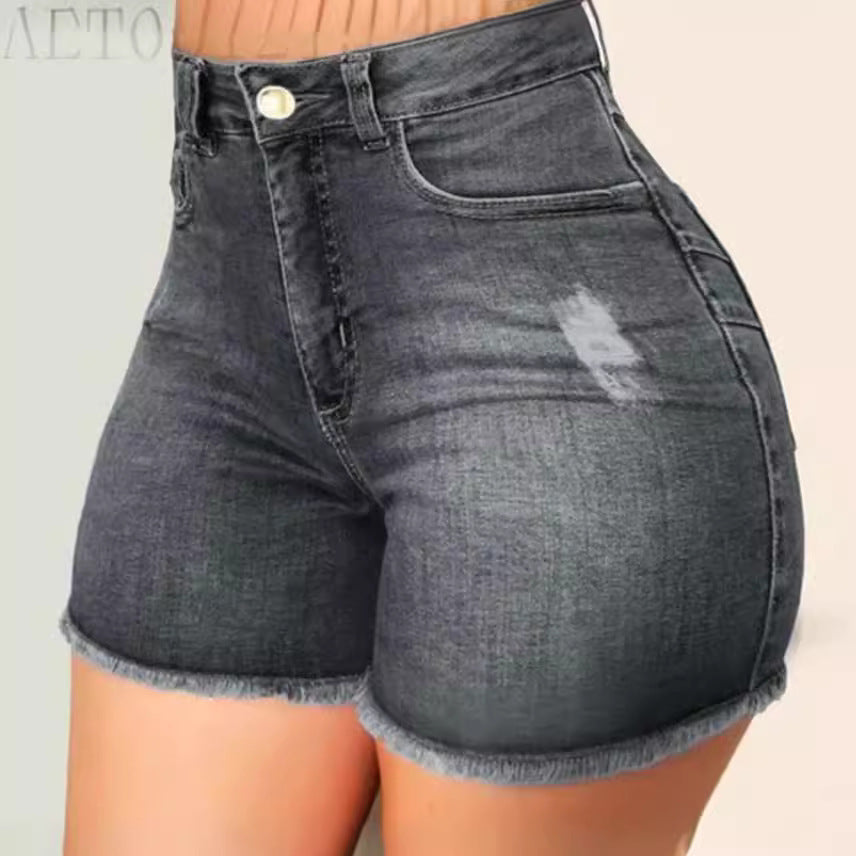 Damen Jeans-Shorts mit hohem Bund und ausgefranstem Saum WW