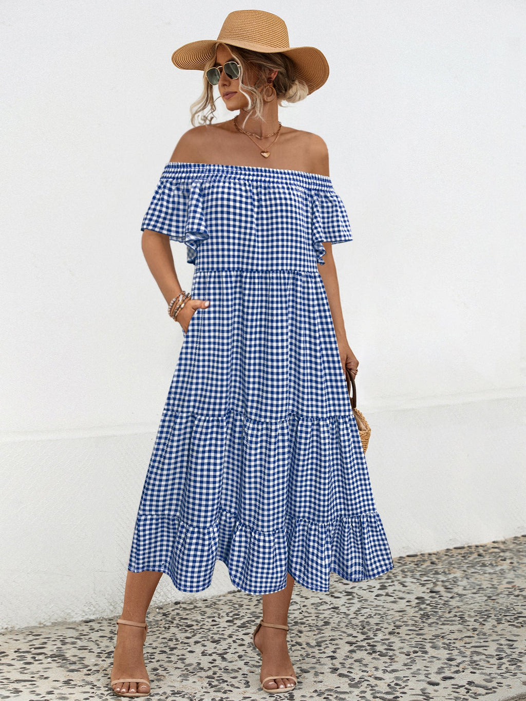 Damen Maxikleid mit schulterfreiem Design und voluminösen Rüschensäumen WW