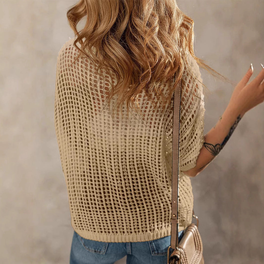 Damen modischer Grobstrick Pullover mit bunten floralen Applikationen WW