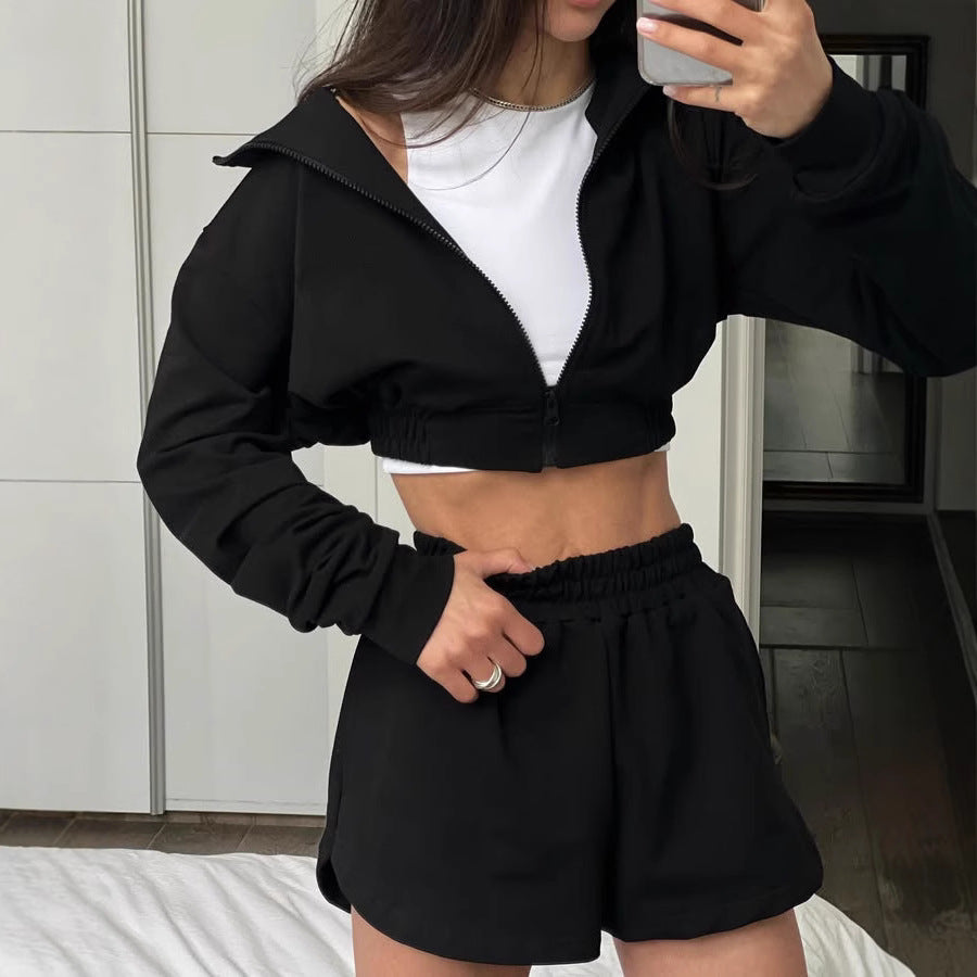 Damen Sportliches Kurzarm Set mit funktionalem Reißverschluss und elastischem Bund WW