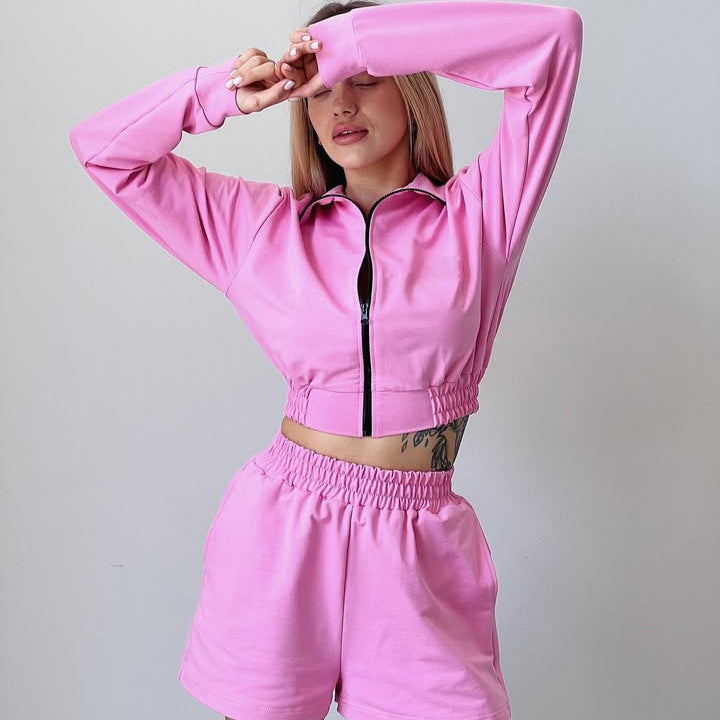 Damen Sportliches Kurzarm Set mit funktionalem Reißverschluss und elastischem Bund WW