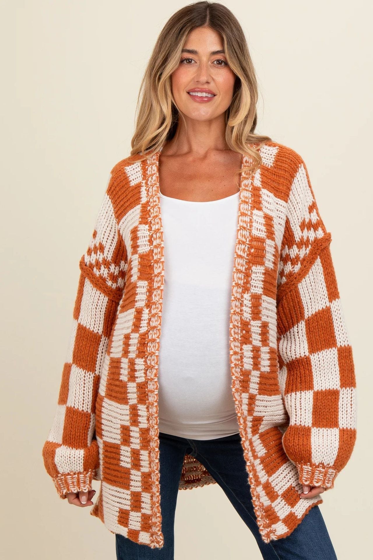 Damen lässiger Strickcardigan mit Karomuster und oversized Schnitt WW