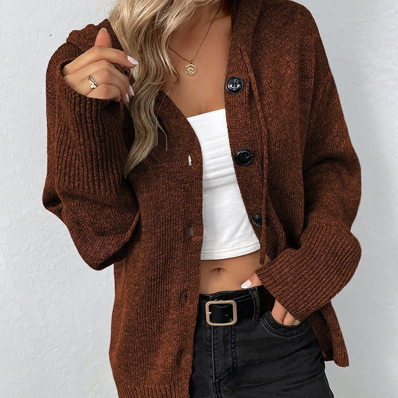 Damen Strickjacke mit Kapuze und Knöpfen WW