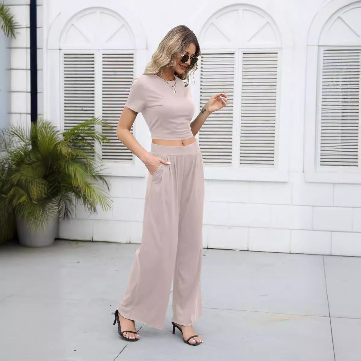 Damen Relaxed Fit Cropped Top und Weitbeinige Hose Set WW