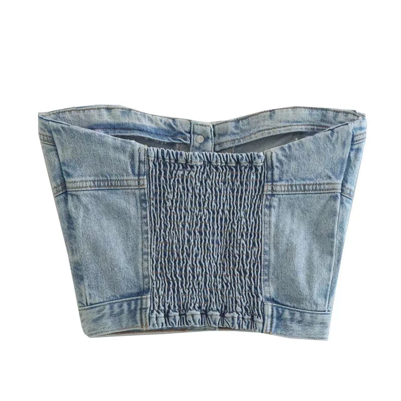 Damen cropped Jeansbluse im Bustier-Stil mit Knopfleiste WW