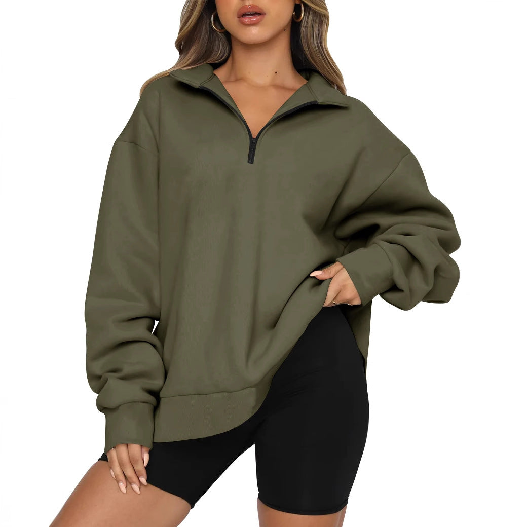 Damen Sportlicher Oversized Pullover mit Reißverschluss und seitlichem Schlitz WW