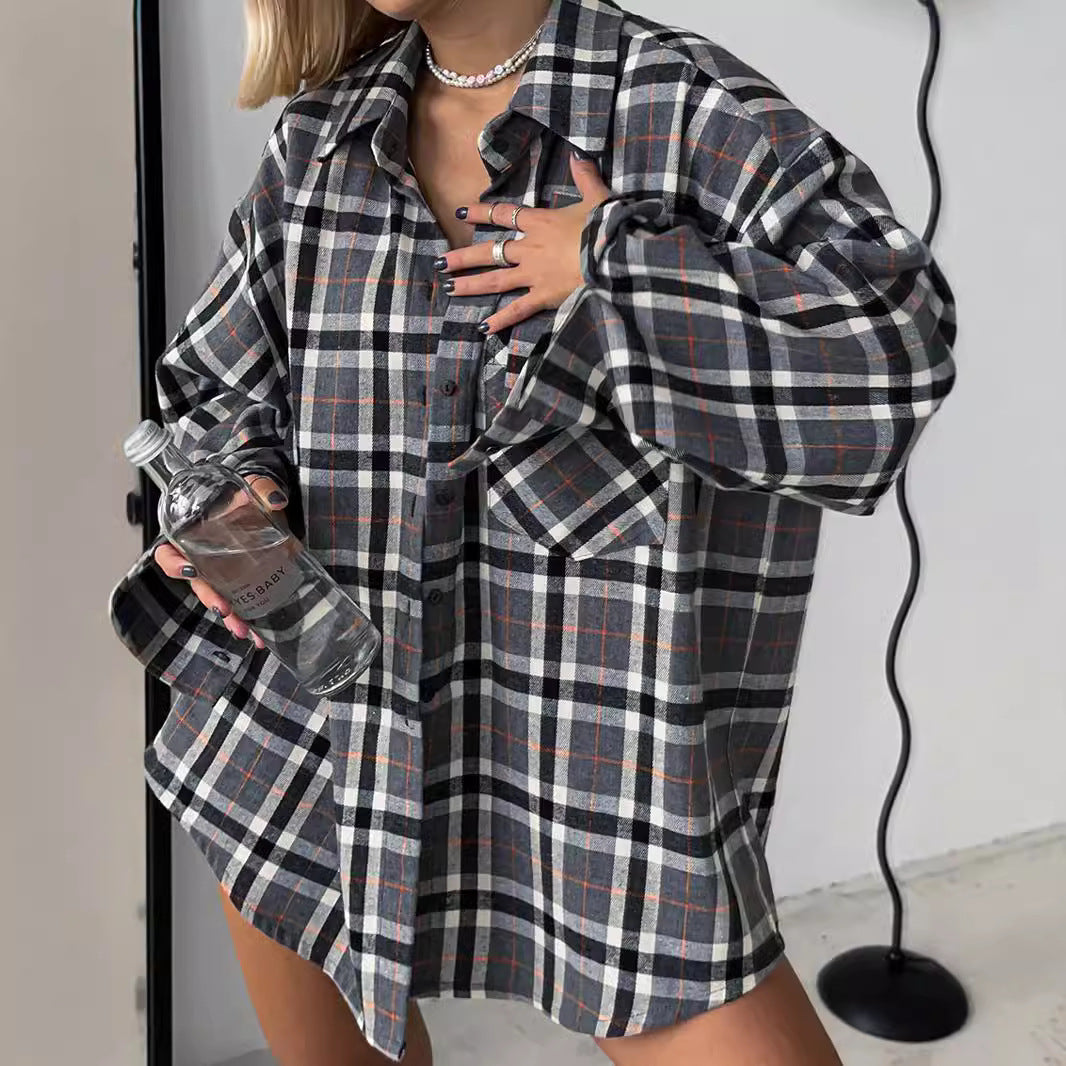 Damen lässige Flanell-Hemdbluse mit Übergröße und Karomuster WW