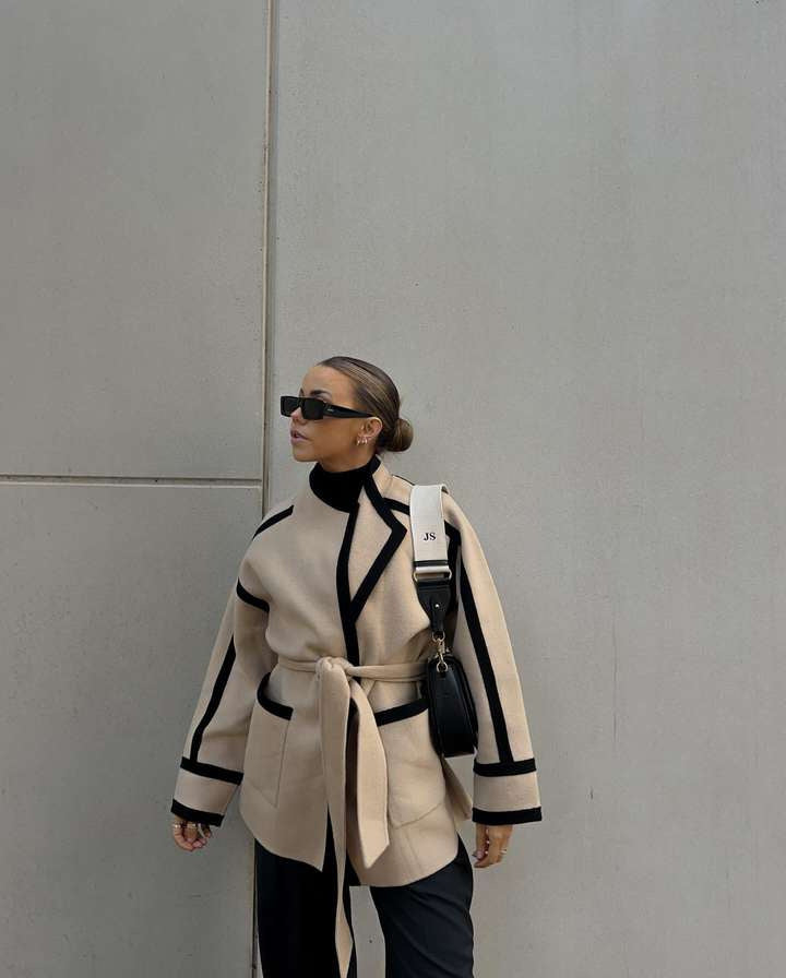 Damen elegante Blazerjacke mit Taillengürtel und Kontrastnähten WW