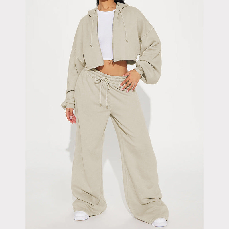 Damen lässiges Fleece-Set mit kurzem Hoodie und weiten Hosen WW