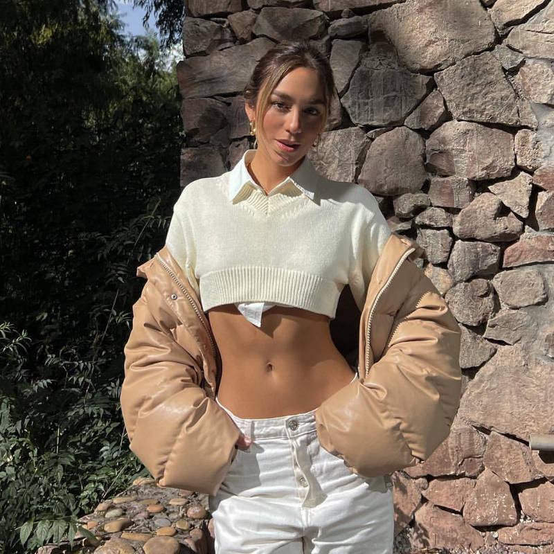 Damen Cropped Pullover mit V-Ausschnitt und langen Ärmeln WW