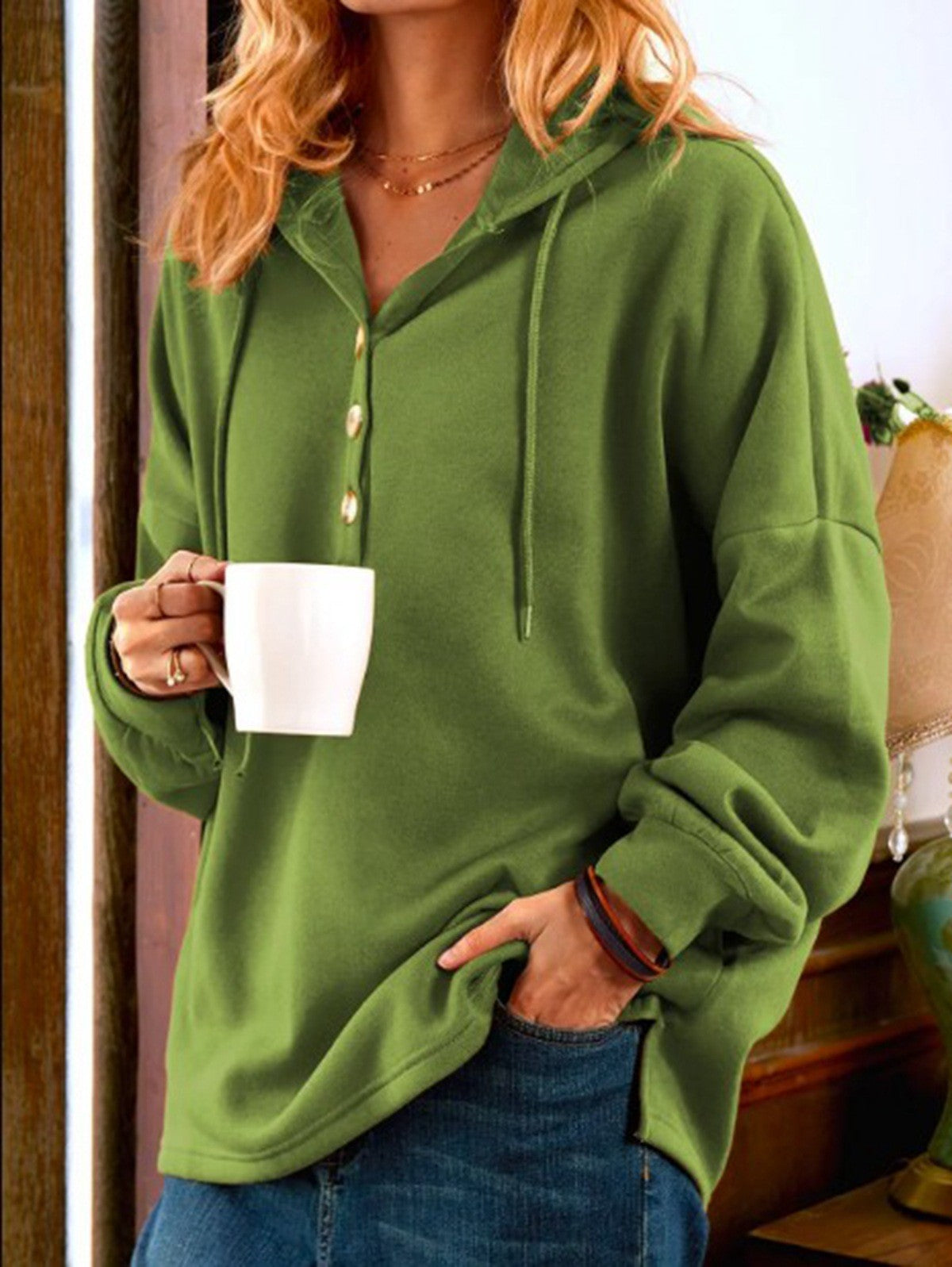 Damen Kapuzenpullover mit Knopfleiste und lässigem Schnitt WW