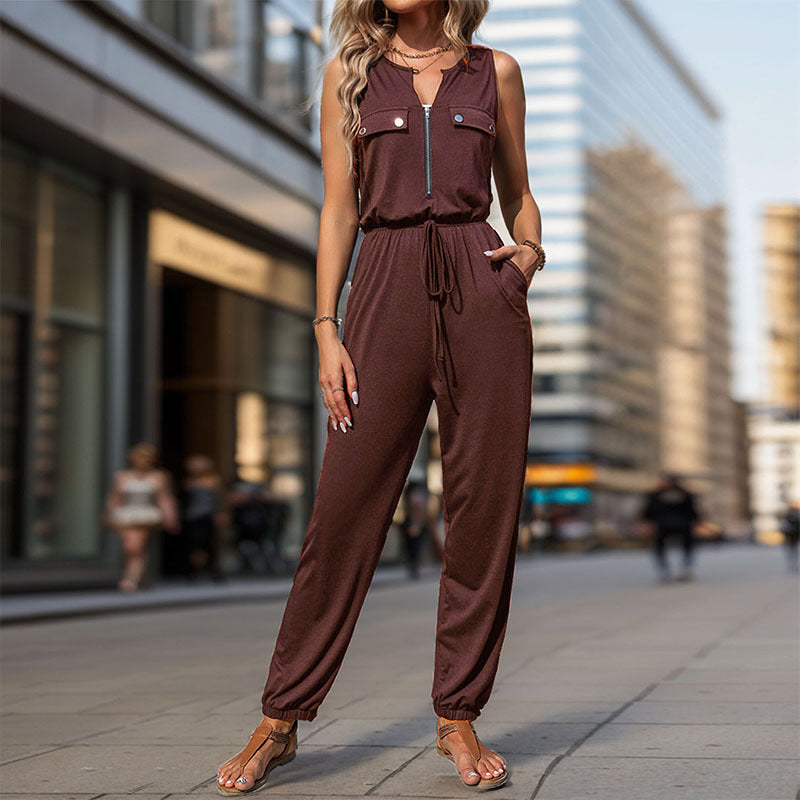 Damen Sportlicher Overall mit Reißverschluss und seitlichen Taschen WW