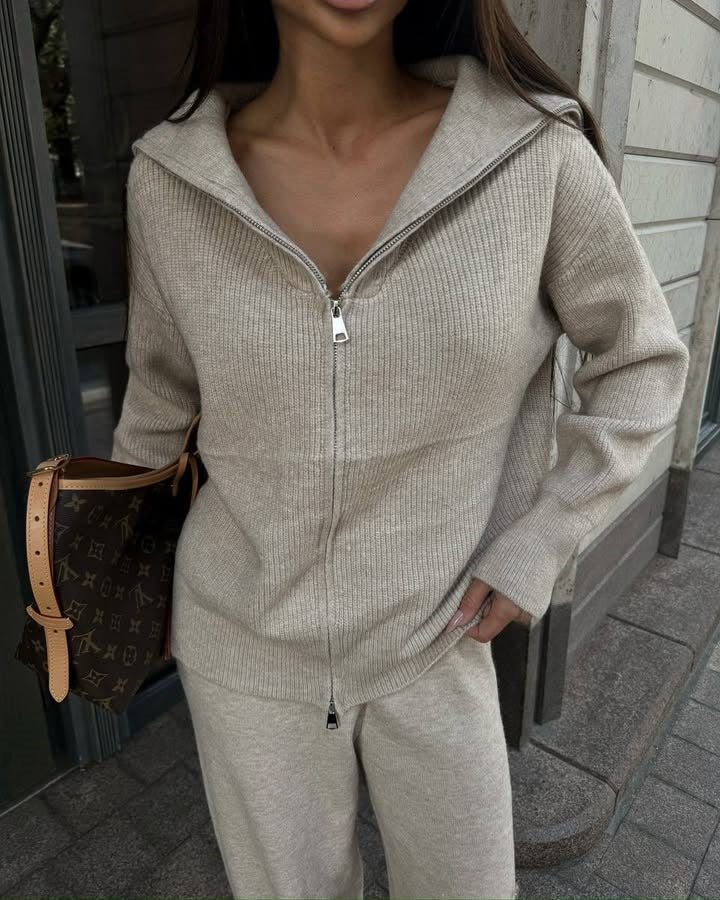 Damen kuscheliger Zip-Pullover mit weitem Kragen und Rippstruktur WW