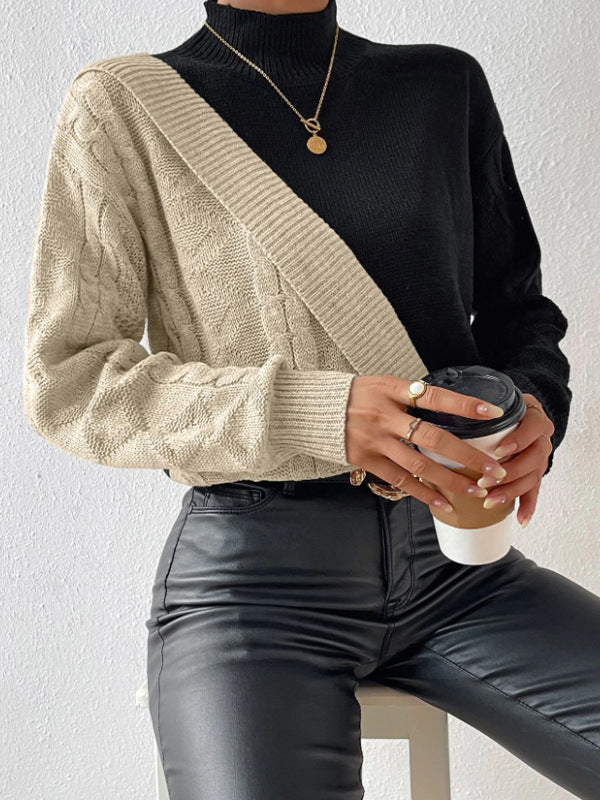 Damen modischer Strickpullover mit asymmetrischem Zopfdesign und hohen Kragen WW