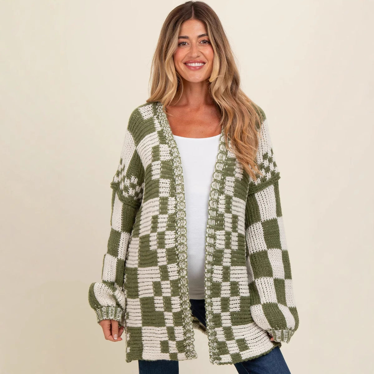 Damen lässiger Strickcardigan mit Karomuster und oversized Schnitt WW
