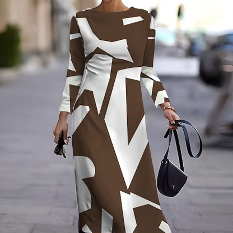 Damen Langarm Maxikleid mit modernem geometrischem Muster und ausgefallenem Design WW