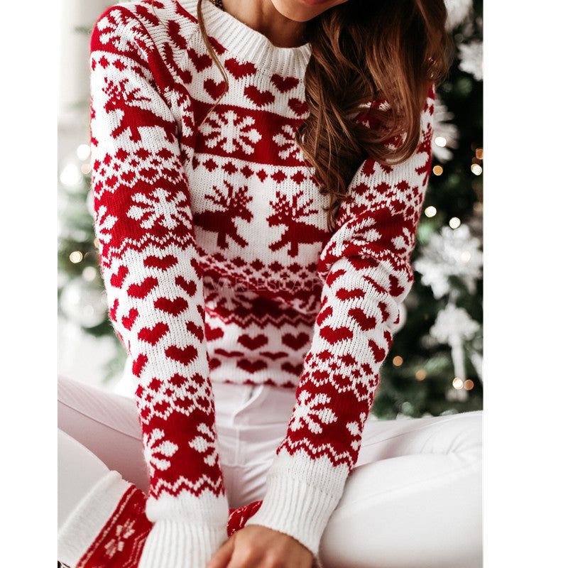 Damen Strickpullover mit weihnachtlichem Muster und Rundhalsausschnitt WW