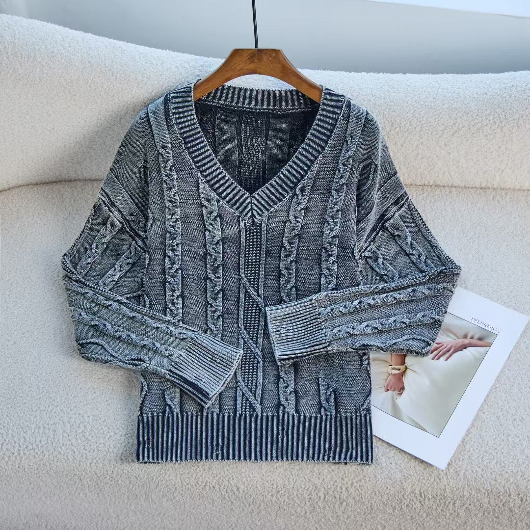 Damen Modischer Strickpullover mit V-Ausschnitt und Zopfmuster WW
