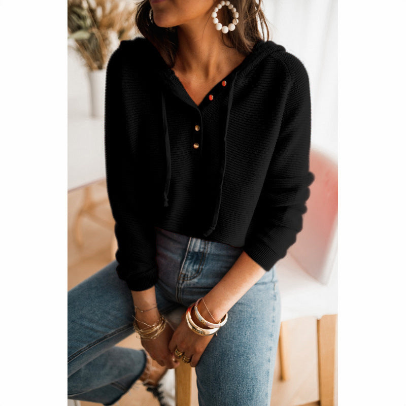 Damen lässiger Kapuzenpullover mit Knopfleiste und hohem Kragen WW