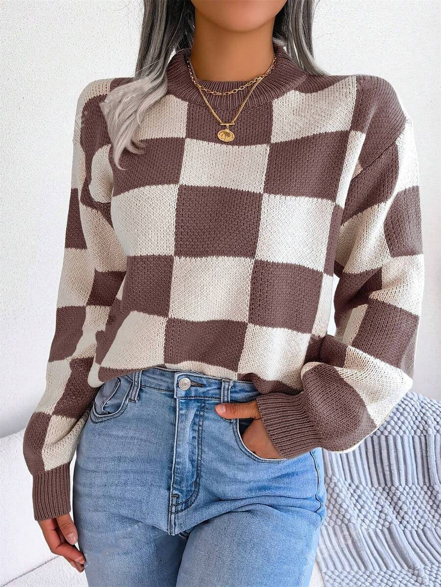 Damen modischer Pullover mit Karomuster und weitem Schnitt WW