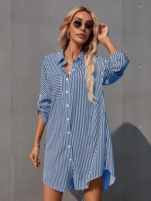 Damen Hemdblusenkleid im lässigen Stil mit Streifenmuster WW