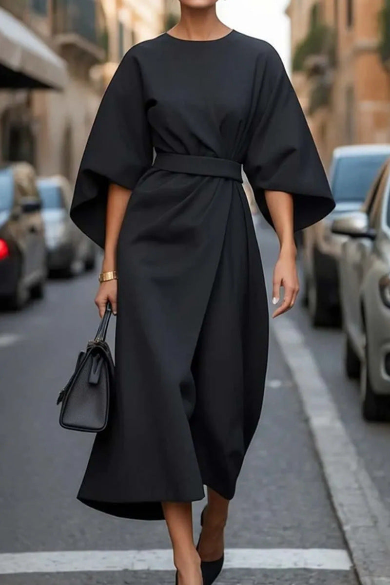 Damen modernes Maxikleid mit voluminösen Ärmeln und Taillengürtel WW