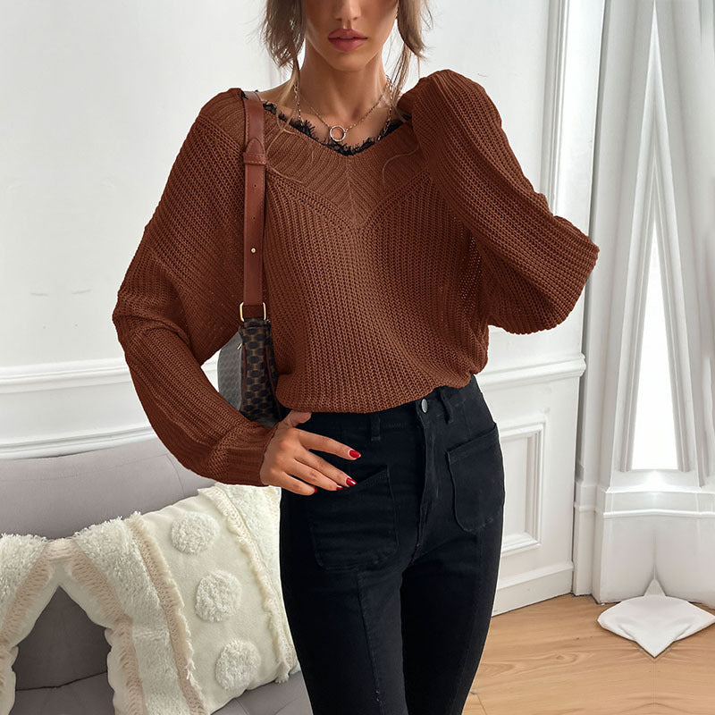 Damen lässiges Strickoberteil mit modischem V-Ausschnitt und detailreicher Textur WW