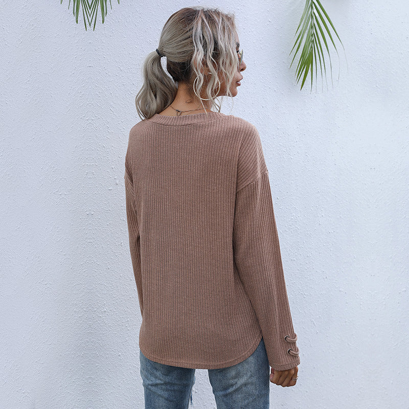 Damen lässiger Pullover mit V-Ausschnitt und Schnürung WW