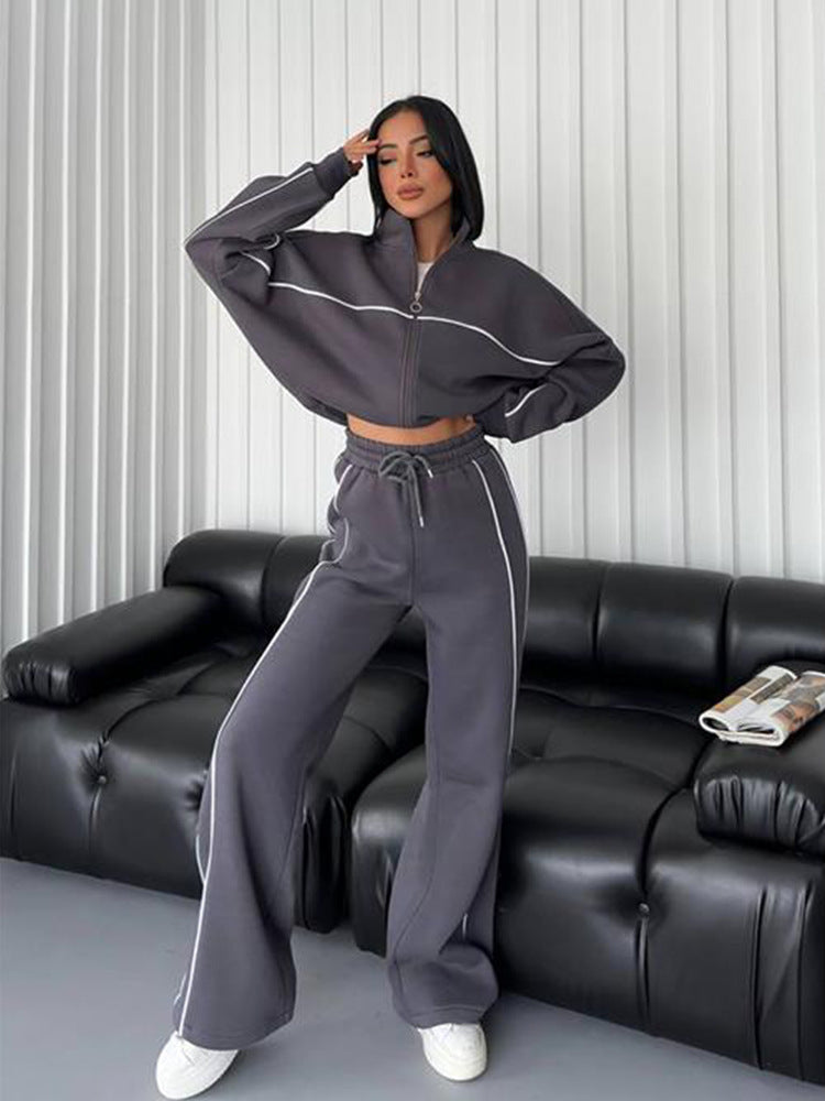 Damen lässiges Crop-Sweat-Set mit weitem Schnitt und hohem Kragen WW