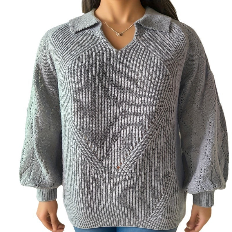 Damen Strickpullover mit V-Ausschnitt und Ballonärmeln WW