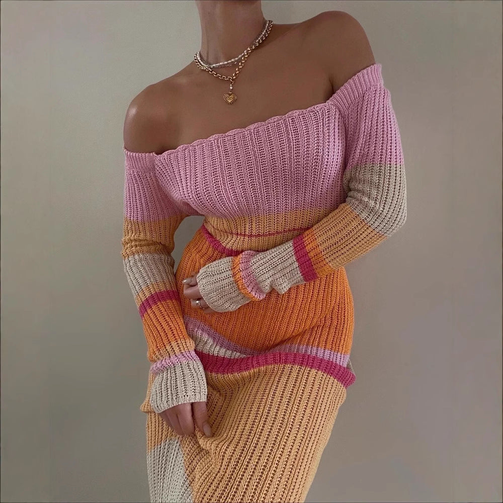 Damen Langarm Maxikleid mit einzigartigem Streifenmuster und figurbetonter Silhouette WW