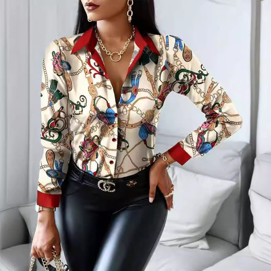 Damen elegante Bluse mit künstlerischem Druck und dekorativen Akzenten WW