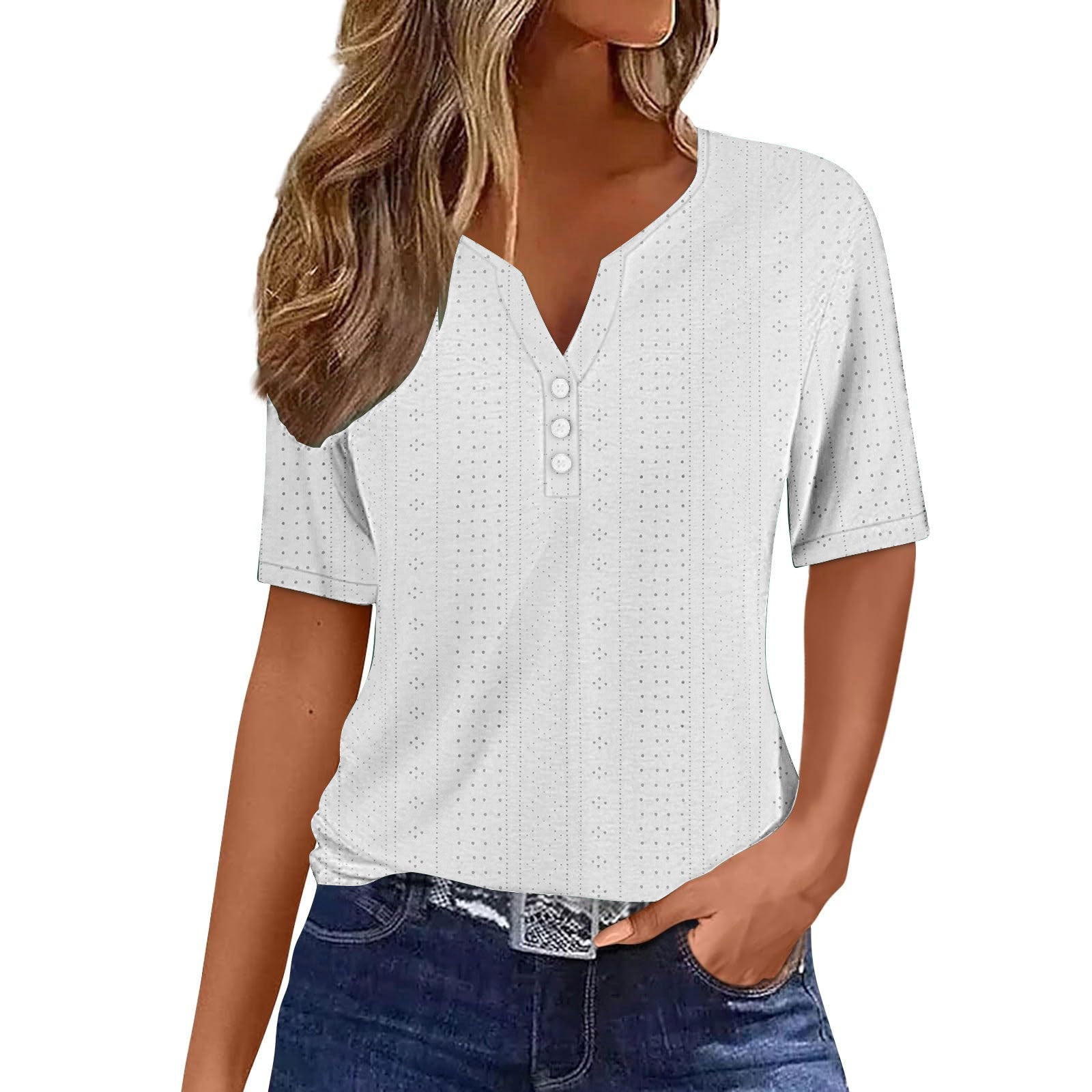 Damen Kurzarmshirt mit modischer Knopfleiste und Struktur WW