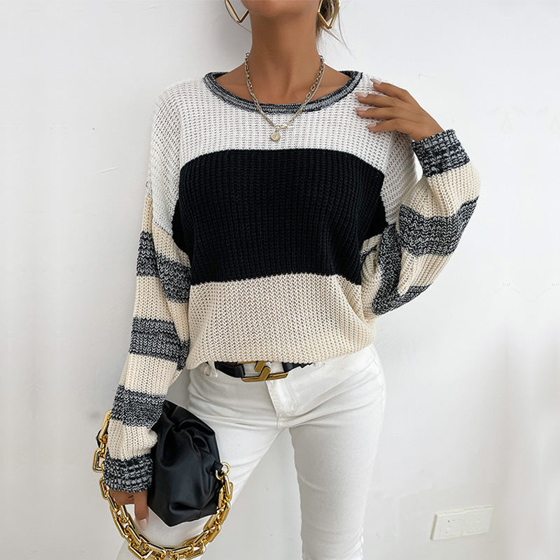 Damen lockerer Strickpullover mit trendigen Blockstreifen und V-Ausschnitt WW