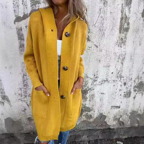 Damen Lange Strickjacke mit hochwertiger Rippstruktur und eleganten Knöpfen WW