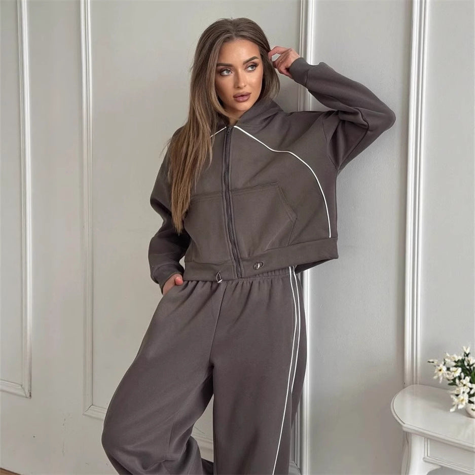 Damen sportlicher Kapuzenjacken- und Jogginghosen-Set mit modernem Design und praktischen Taschen WW