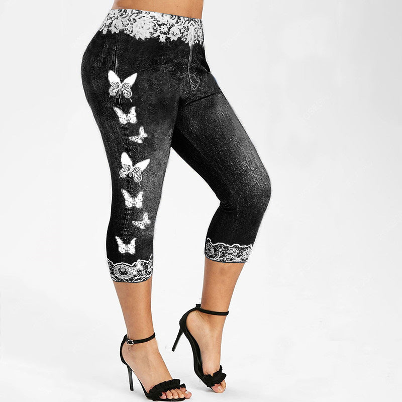 Damen Leggings im Jeans-Look mit einzigartigem Schmetterlingsdesign WW