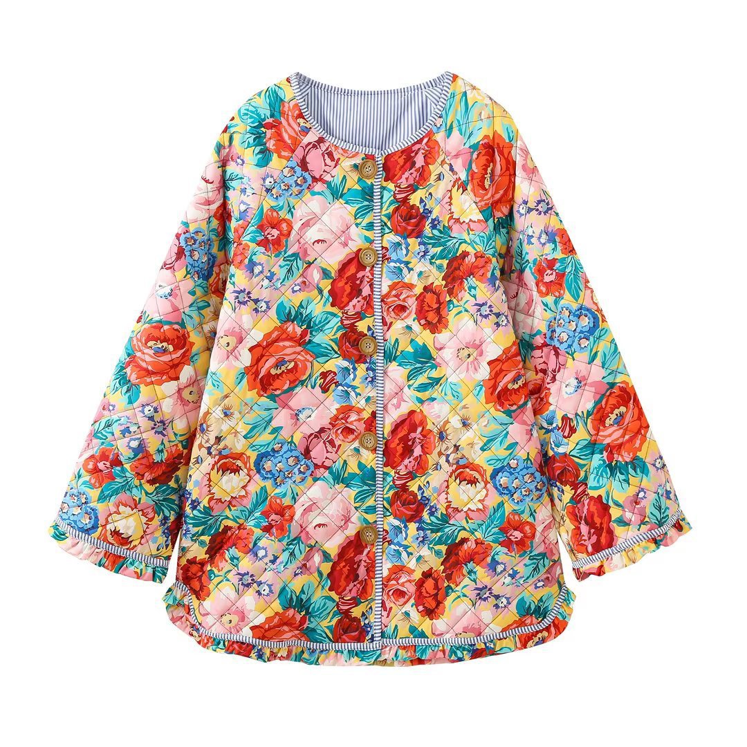 Damen Patchwork Steppjacke mit buntem Blumenmuster und Knopfdetails WW