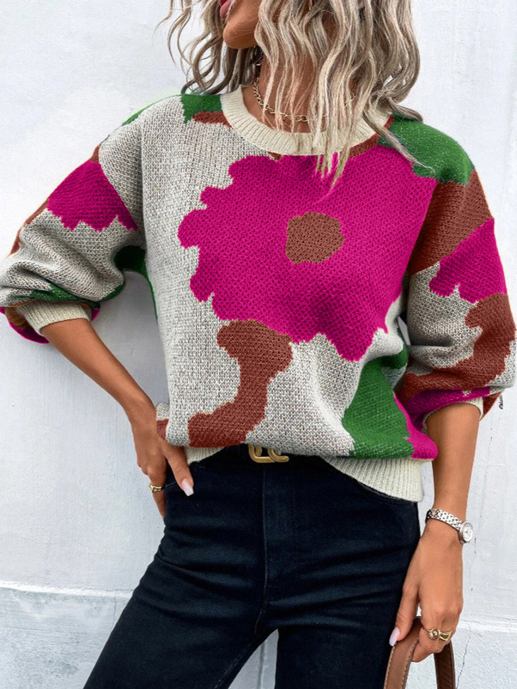 Damen modischer Pullover mit floralem Muster und weiten Ärmeln WW