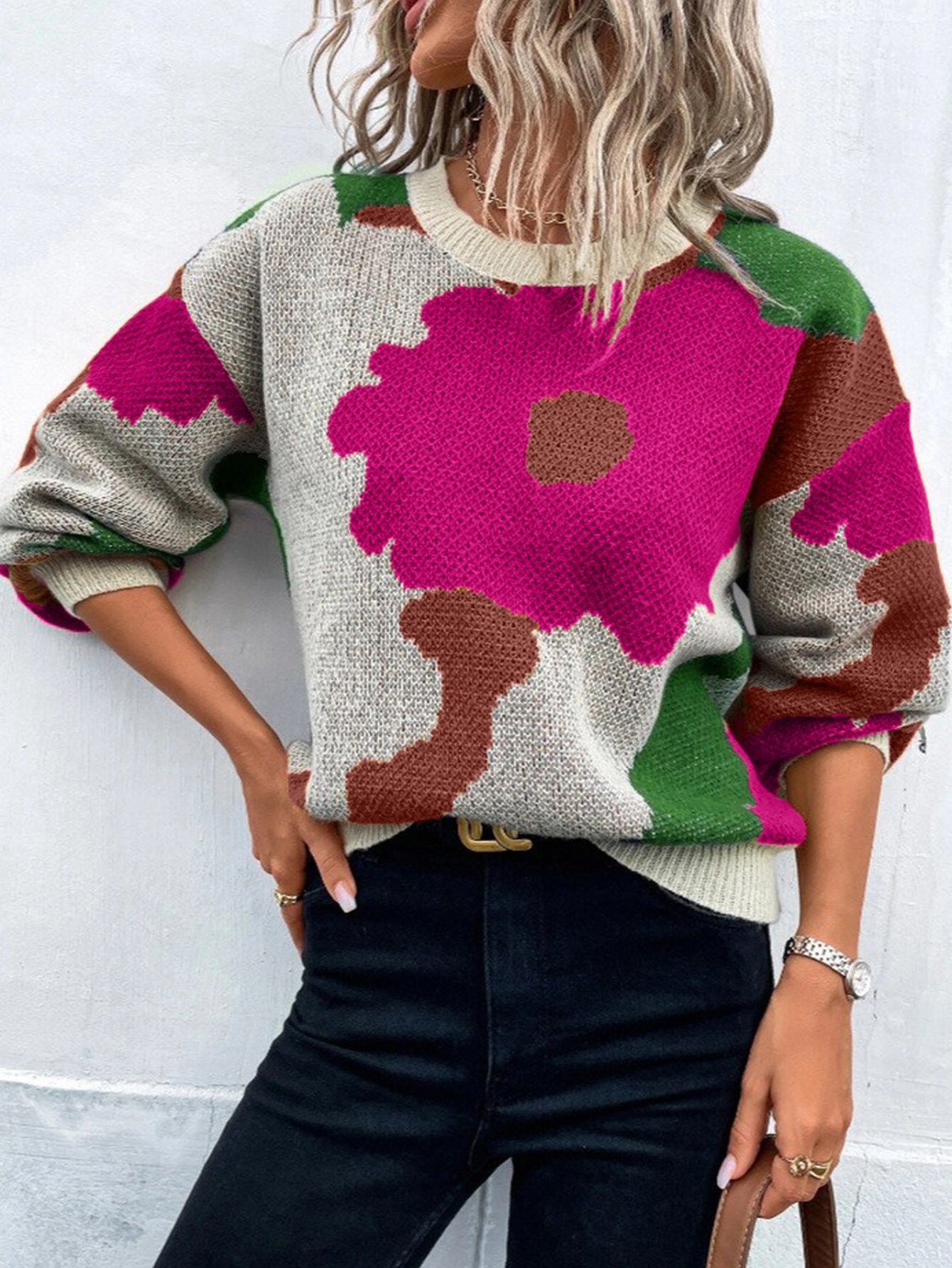 Damen modischer Pullover mit floralem Muster und weiten Ärmeln WW