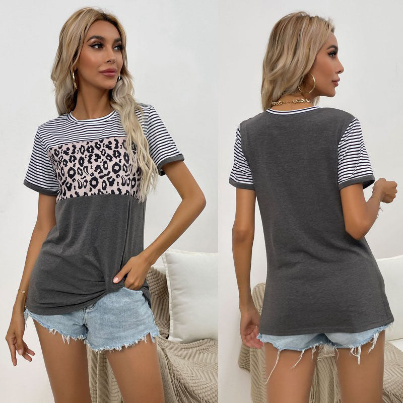 Damen modisches T-Shirt mit Leopardenmuster und gestreiften Ärmeln WW
