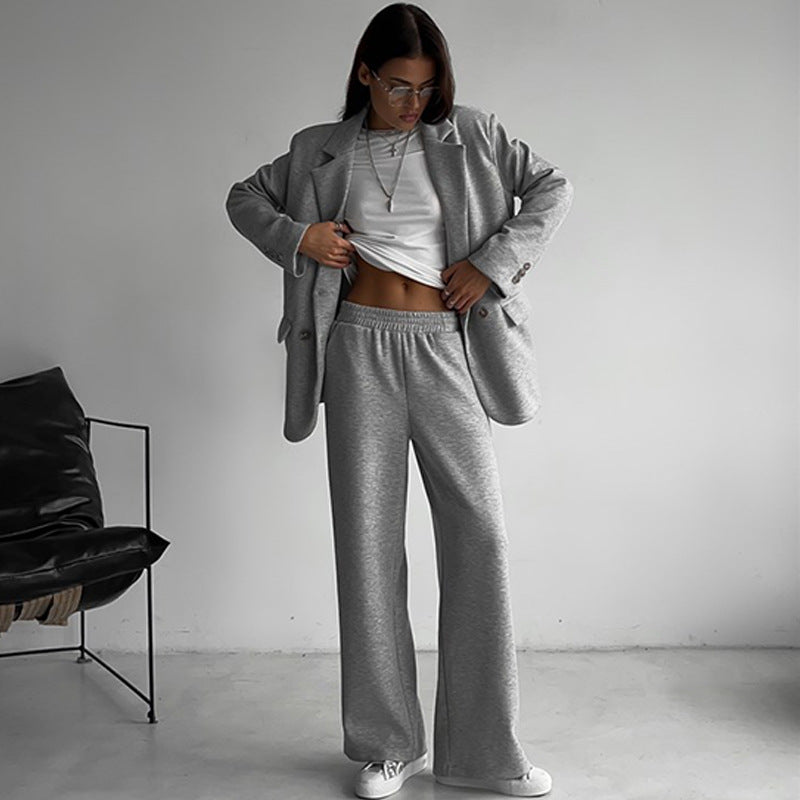 Damen elegantes und lässiges Anzugset mit doppelter Knopfleiste und weitem Bein WW
