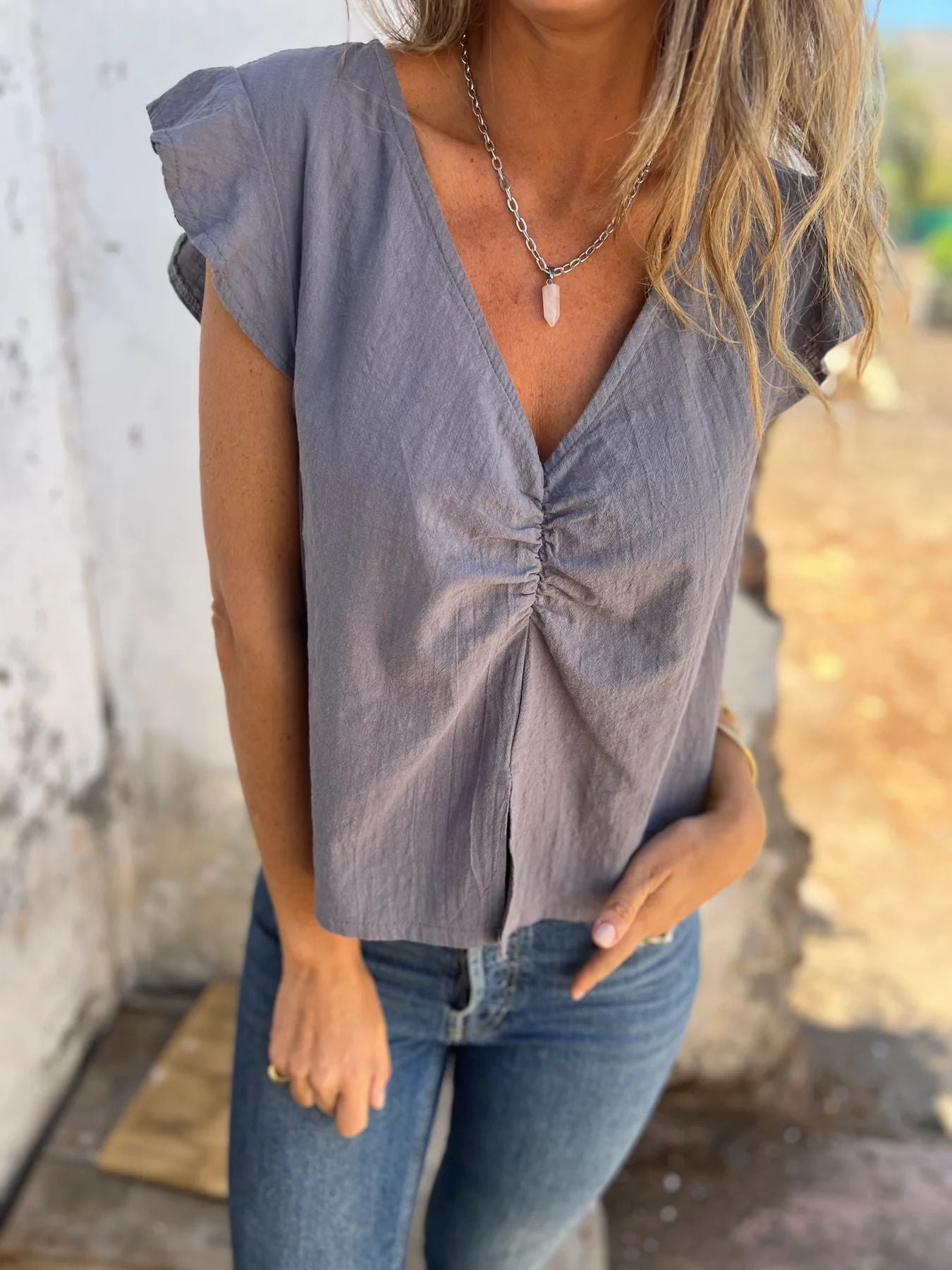 Damen luftige Bluse mit Raffung und Volantärmeln WW