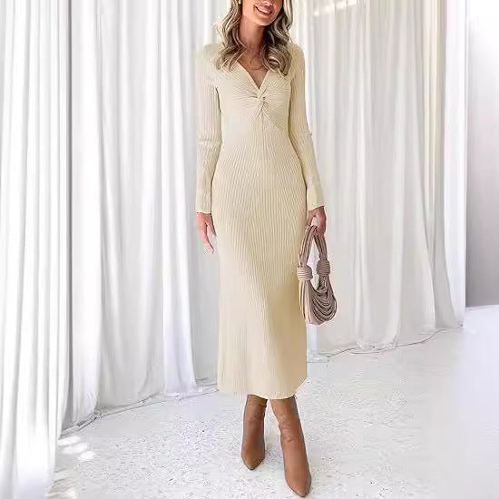 Damen elegantes Midikleid mit V-Ausschnitt und strukturiertem Rippdesign WW