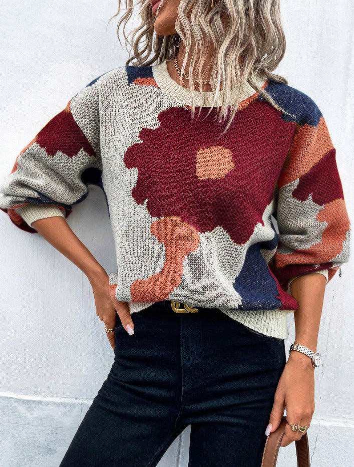 Damen modischer Pullover mit floralem Muster und weiten Ärmeln WW