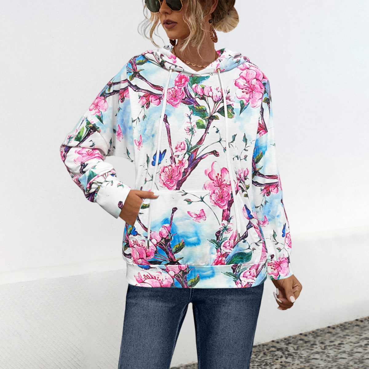 Damen Hoodie mit floralem Design und praktischer Bauchtasche WW