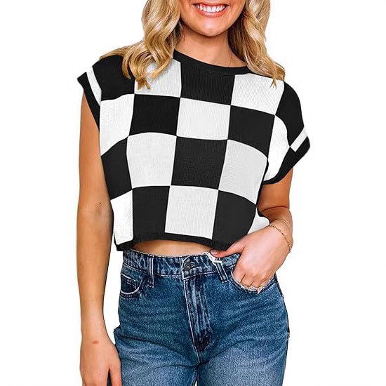 Damen lässiges ärmelloses Pullover-Top mit karierter Musterung WW