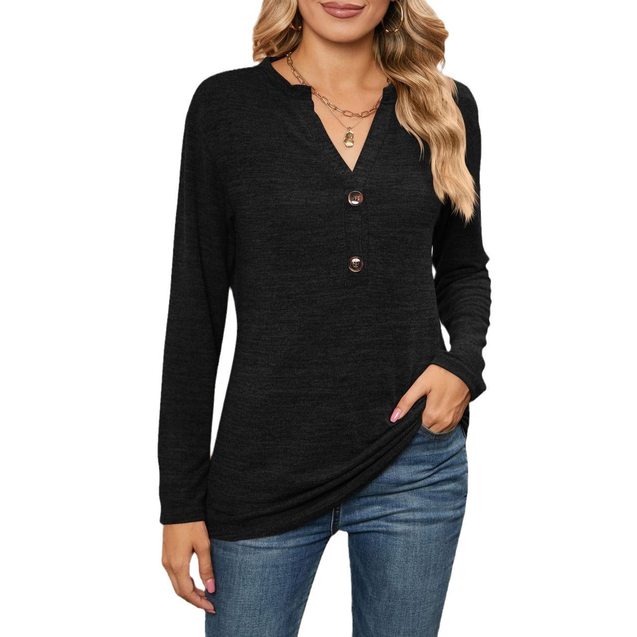 Damen Langarm-Hemd mit Knopfleiste und elegantem V-Ausschnitt WW